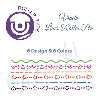 Set of 6 Roller-Type Stamp Liner Pens with Unique Designs and Colors