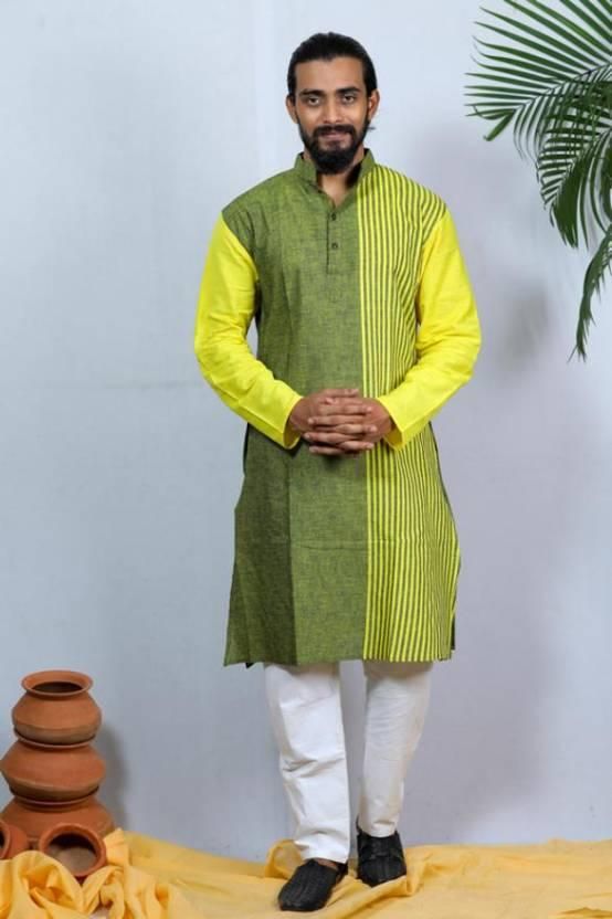 Men's Self-Designed Green Khadi Cotton Kurtas