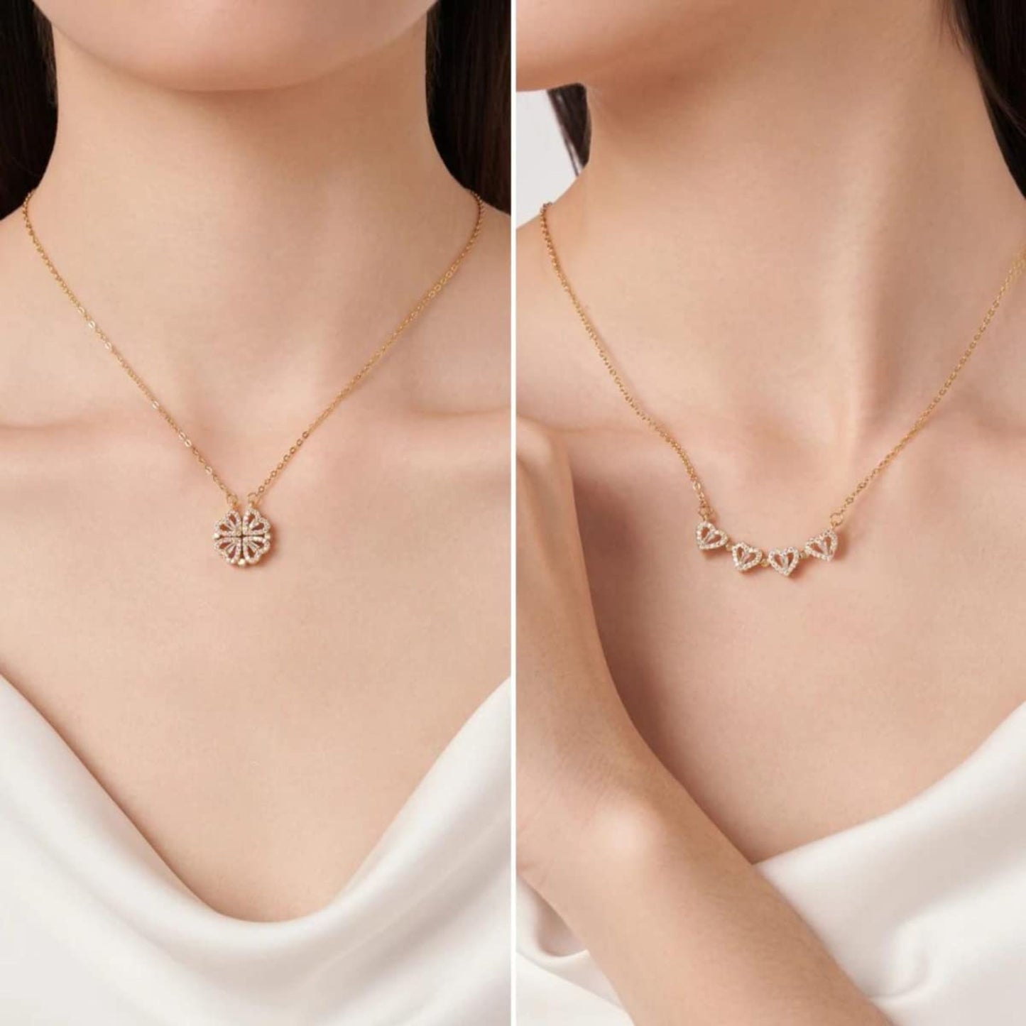 Four Love Hearts And Rose Diamond Leaf Clover Necklaces