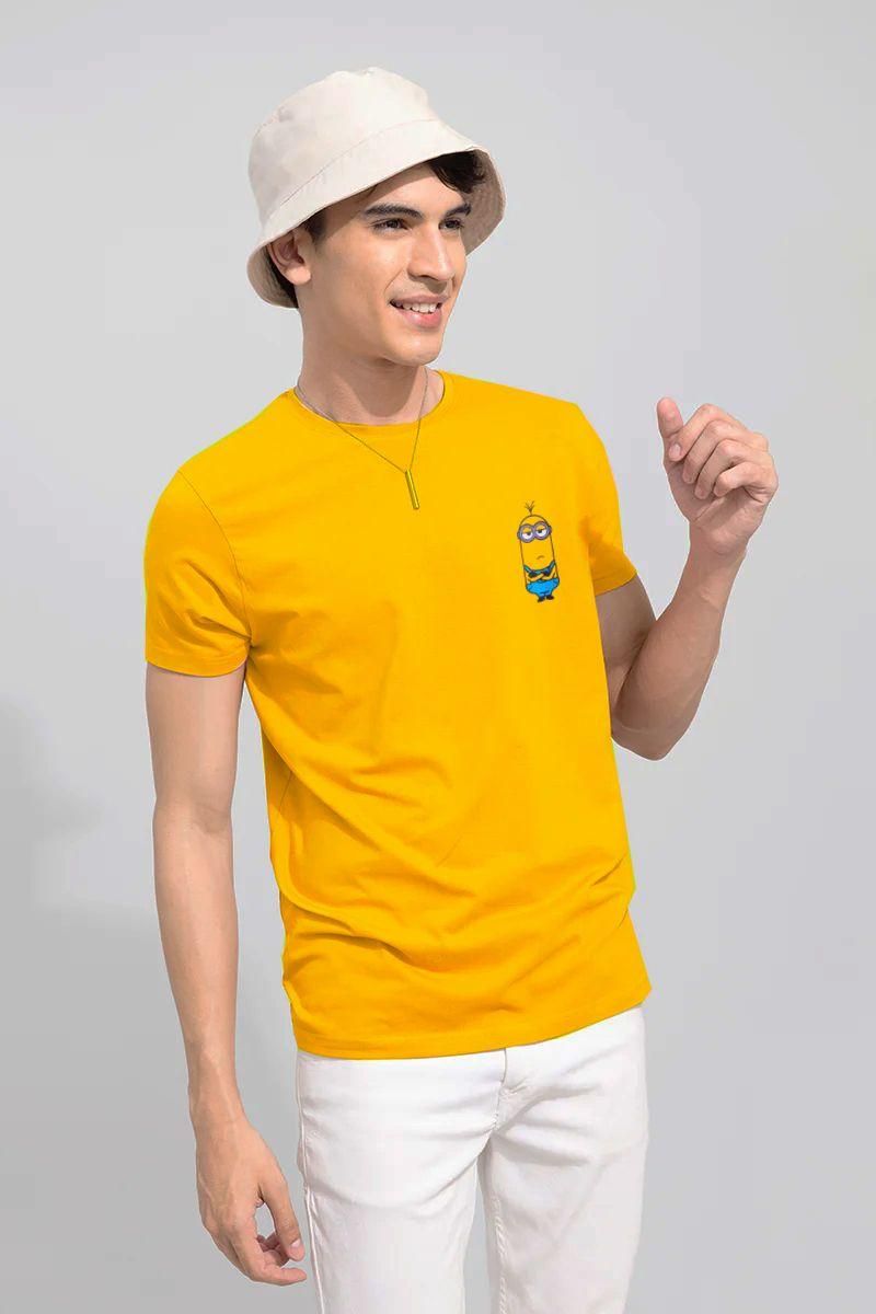 Cotton Blend Solid Half Sleeves Men's Round Neck Yellow T-Shirt