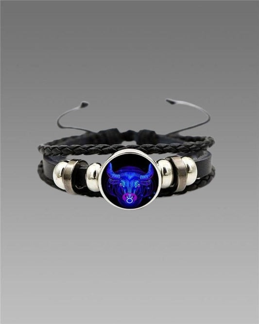 Adjustable Black Leather Bracelet with Zodiac Constellation Braided Design