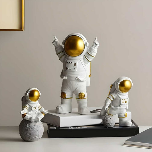 Astronaut Spaceman Statue Ornament - Home Office Desktop Figurine Decor (Set of 3 - Golden)