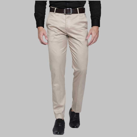 Lycra Blend Solid Regular Fit Men's Formal Trousers (Beige)