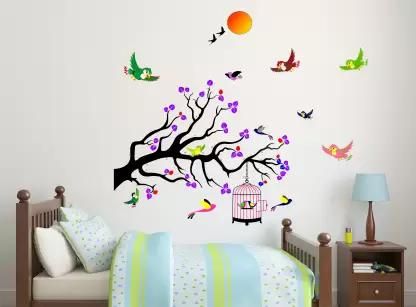 Birds in the Colorful Cage Holding Tree Sticker