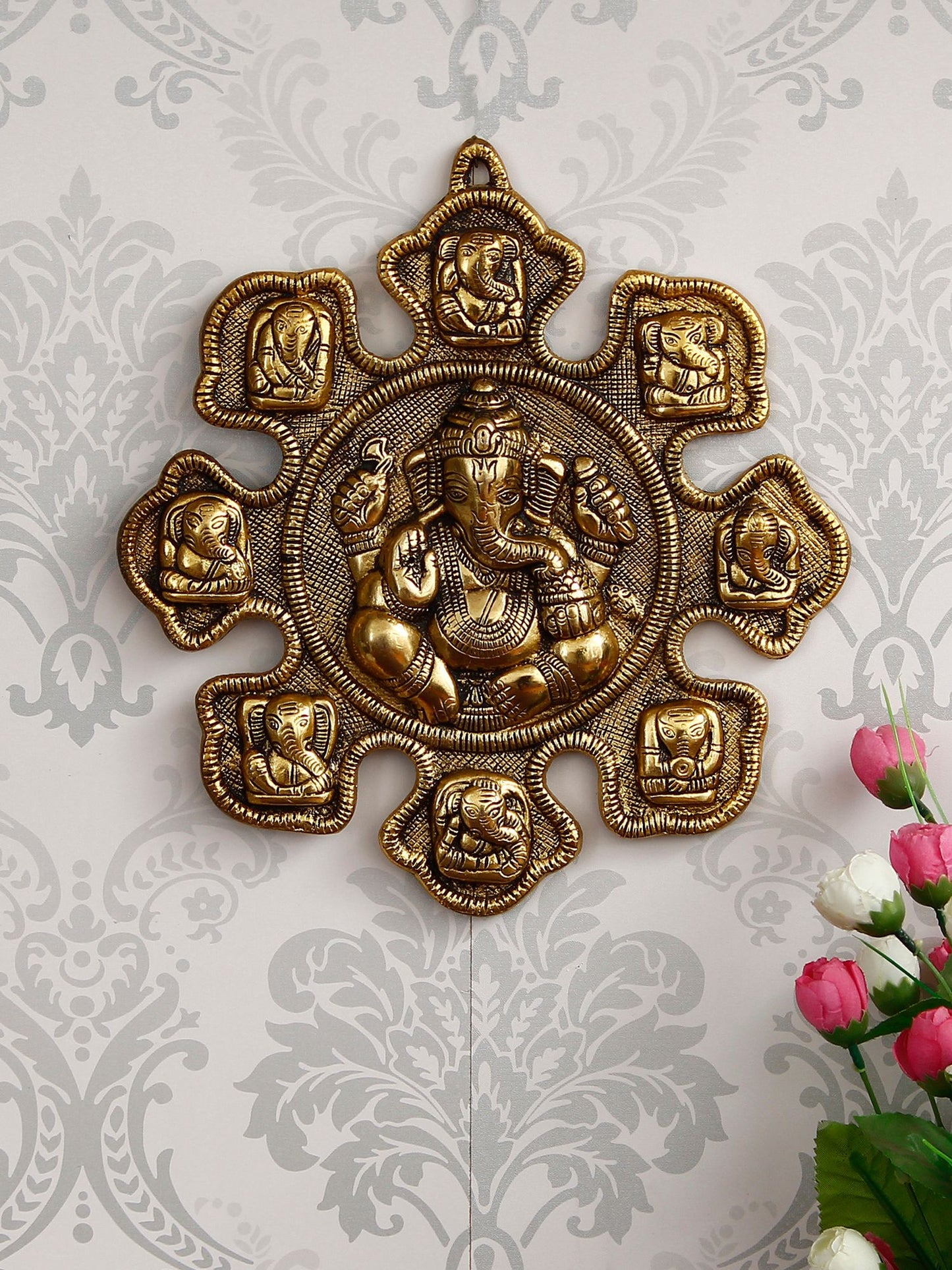 Golden Metal Wall Hanging of 9 Variants of Lord Ganesha