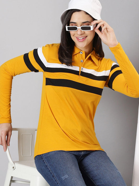 AUSK Women's Striped Polo Neck Full Sleeve Polo T-Shirt