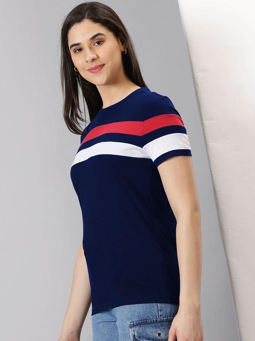 Women's Colorblocked Round Neck Half Sleeve Casual T-Shirt
