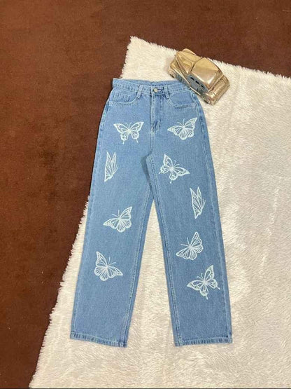 Butterfly Printed Hige Rise Ice Jeans For Women's