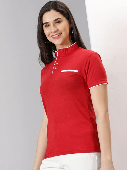 Women's Solid Mandarin Collar Half Sleeve Casual T-Shirt