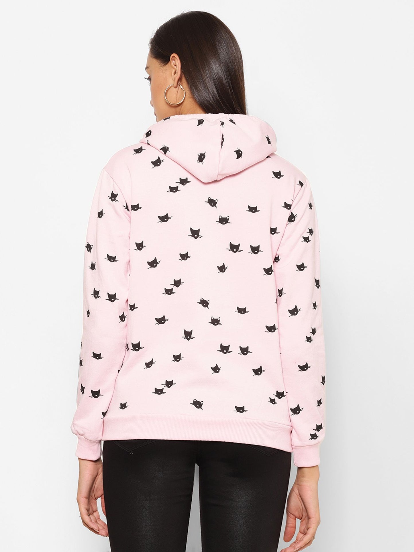 Women's Baby Pink, Printed, Regular Fit Cotton Hoody with Long Sleeves