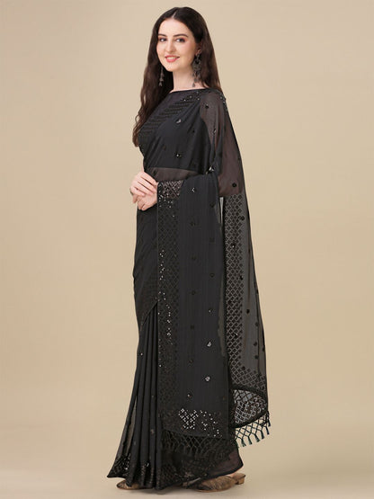 Fancy Sequined Embroidered Black Colored Georgette Saree with Blouse Piece