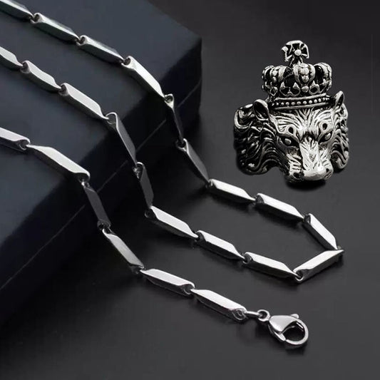 Silver-plated Chain with Silver-plated KGF LION Shape, Adjustable Ring Combo Set
