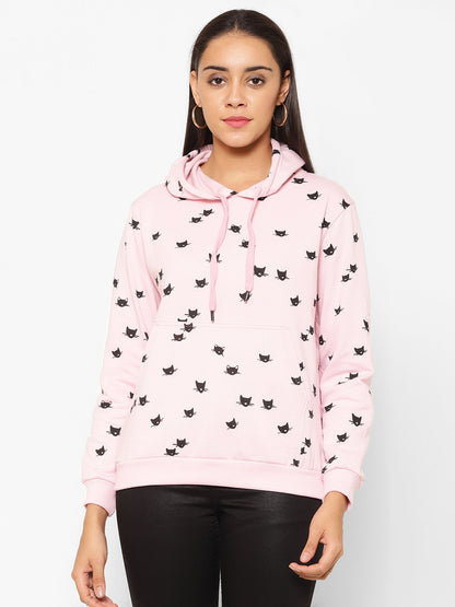 Women's Baby Pink, Printed, Regular Fit Cotton Hoody with Long Sleeves