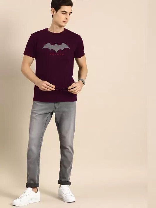 Cotton Blend Printed Half Sleeves Men's Round Neck Maroon T-Shirt