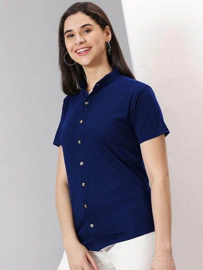 Gespo Women's Navy Blue Solid Mandarin Collar Half Sleeve Casual Shirt