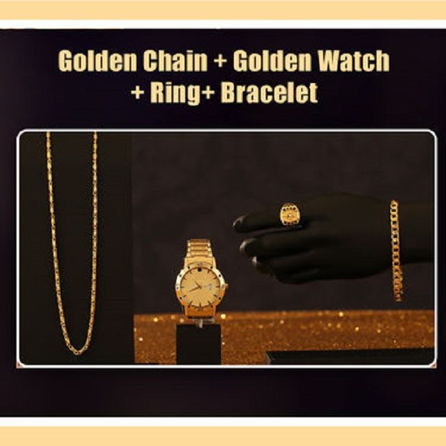 Fidato Men's Golden Watch with Golden Chain + Bracelet + Ring