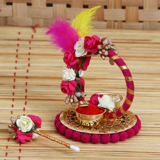 Handcrafted Decorative Roli Tikka Holder With Designer Stick And Colorful Feathers