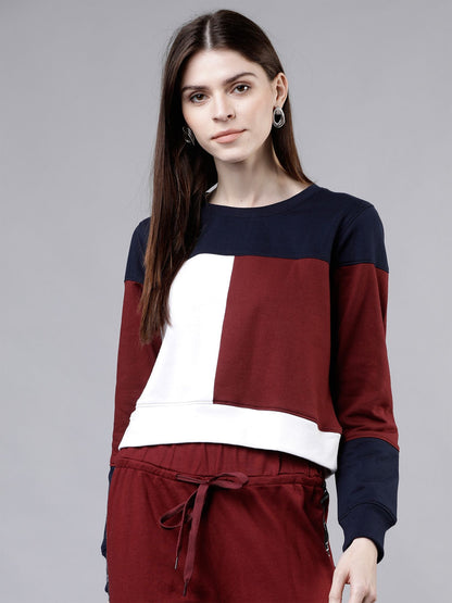 Popster Multicolor Block Cotton, Round Neck, Regular Fit Long Sleeve Women's Sweatshirt