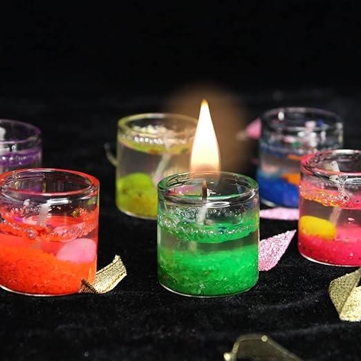 Pack of 12 Multicolored, Smokeless, Decorated Mini Cute Glass Jelly Gel Candles