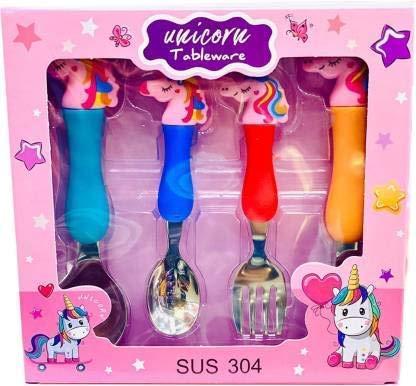 Unicorn Theme Stainless Steel Baby Feeding Spoon and Fork Cutlery Set for Kids Set of 4, Multicolor