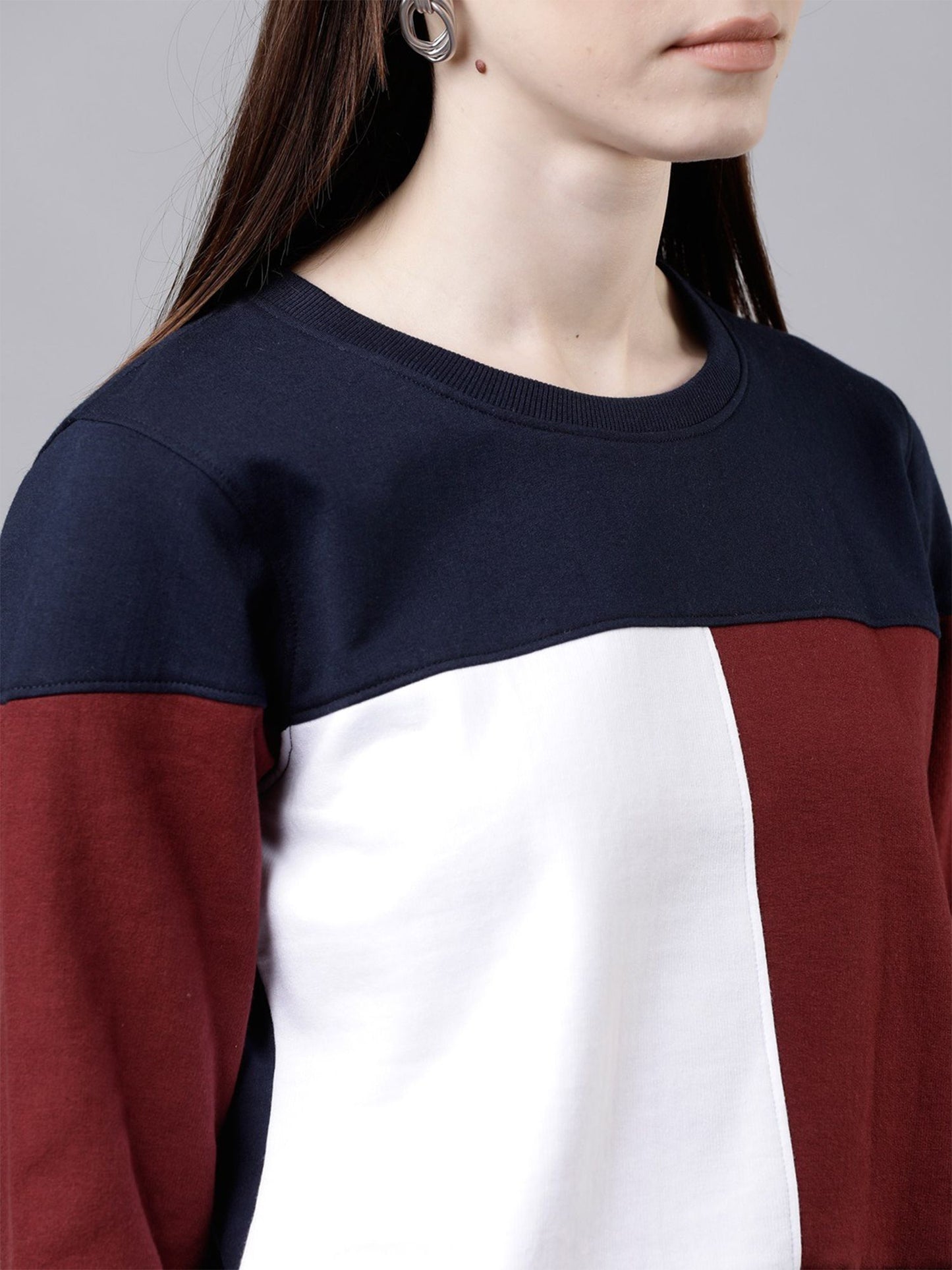Popster Multicolor Block Cotton, Round Neck, Regular Fit Long Sleeve Women's Sweatshirt