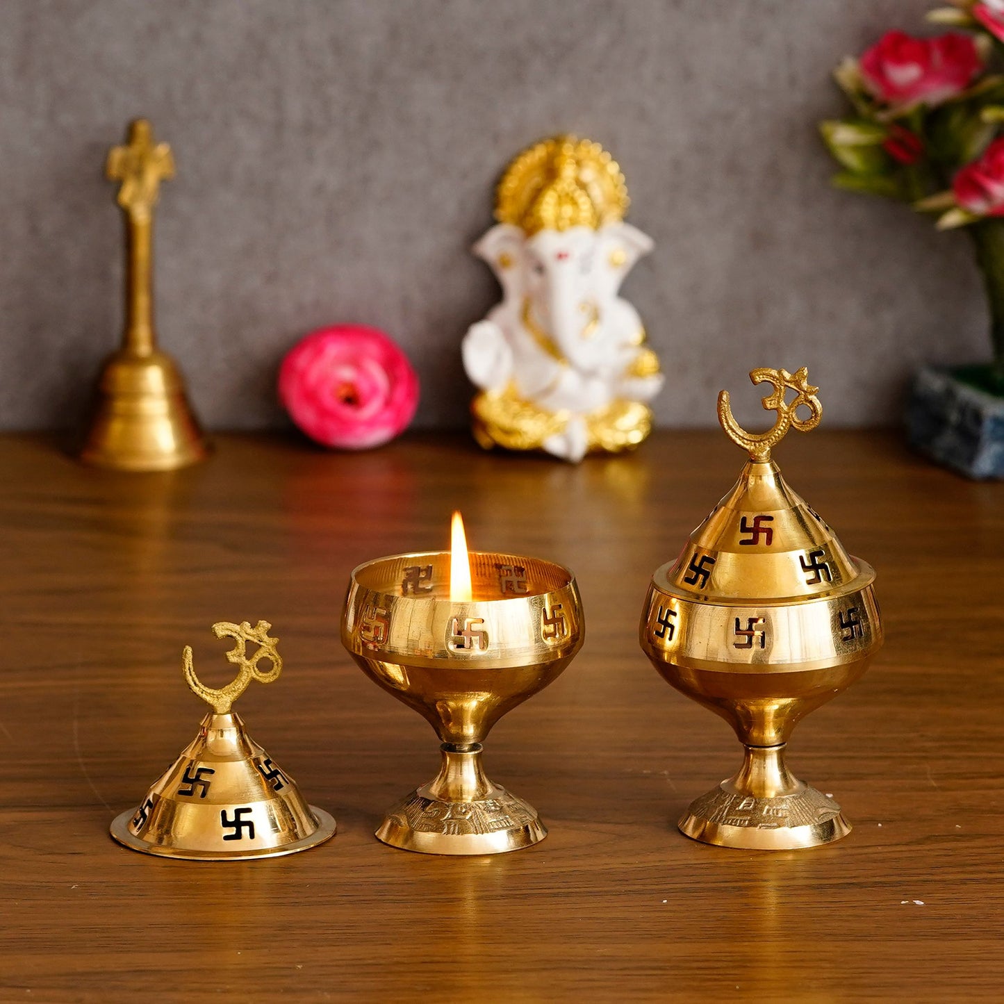 Set of 2 Om and Swastik Brass Diya