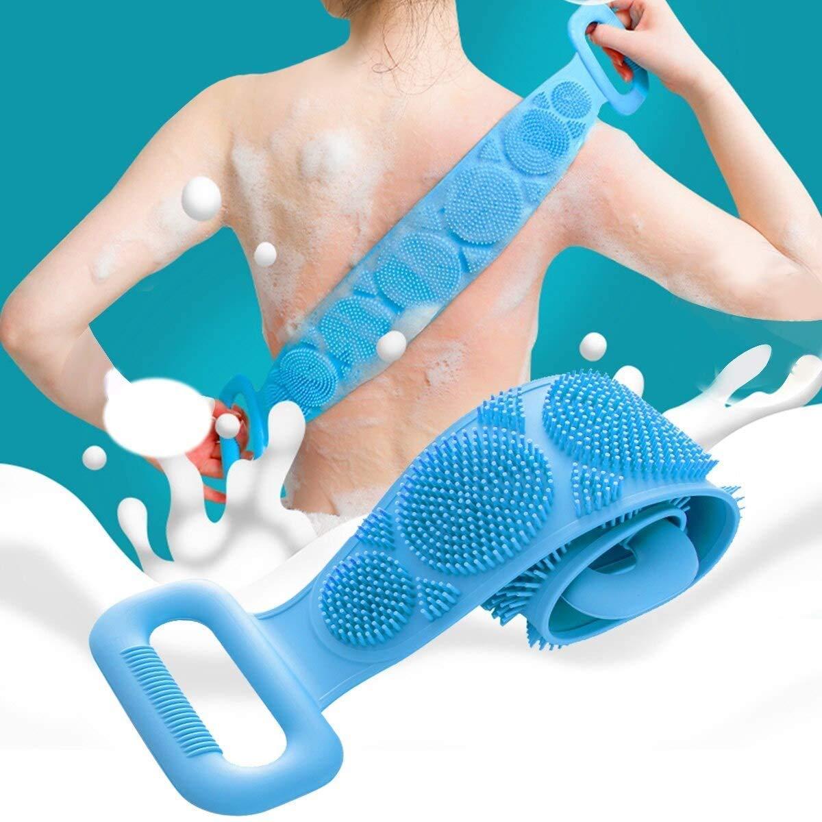 Bath Body Brush - Exfoliating Double-Sided Silicone Body Back Scrubber Belt with Scrub Pad (Medium)