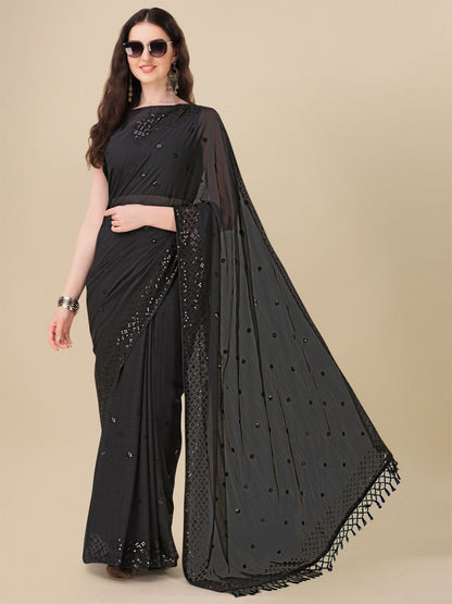 Fancy Sequined Embroidered Black Colored Georgette Saree with Blouse Piece