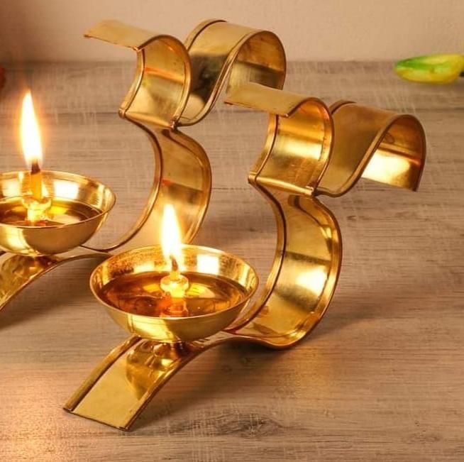 Pack of 2 Decorative Brass Om Diya Oil Puja Lamps for Home, Office, and Mandir Gifts