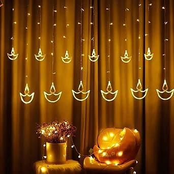 Warm White Diya/Diwali Light Curtain LED String Lights with 12 Hanging Diyas, 8 Flashing Modes, and Prong Base for Decoration