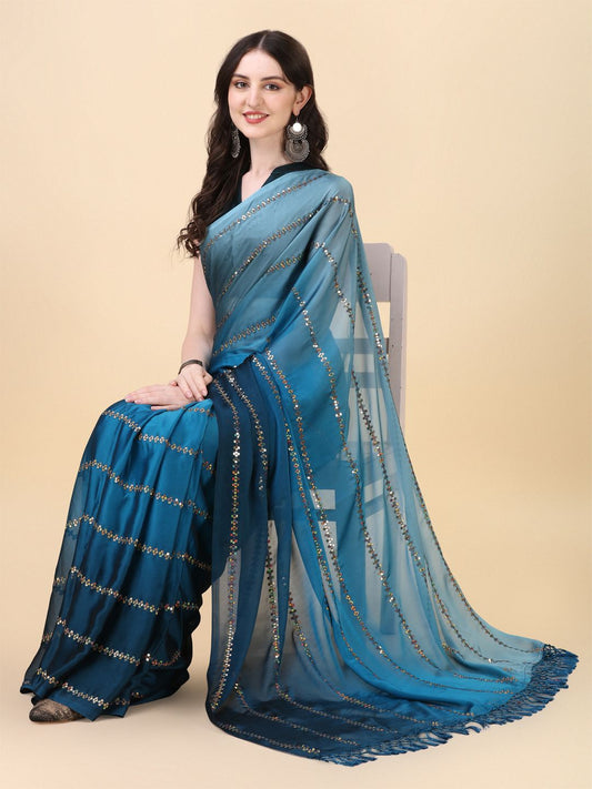 Fancy Sequined Embroidered Teal Blue Coloured Silk Saree with Blouse Piece