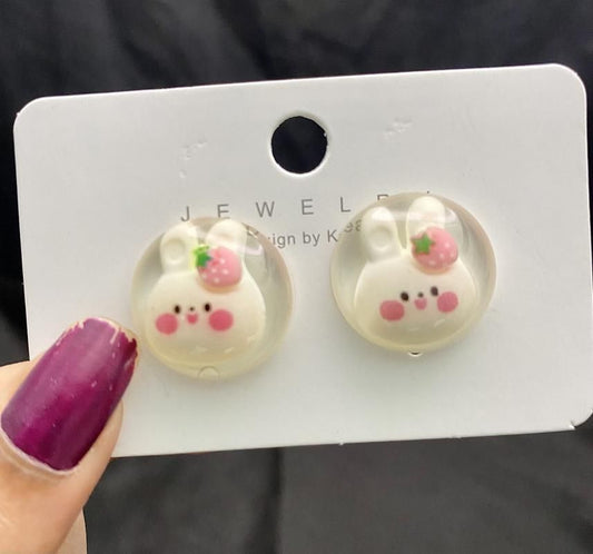 White Bunny Round Stud Earrings For Women and Girls