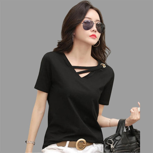 Popster Black solid Cotton V-Neck Regular Fit Half Sleeve Womens T-Shirt