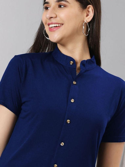 Gespo Women's Navy Blue Solid Mandarin Collar Half Sleeve Casual Shirt