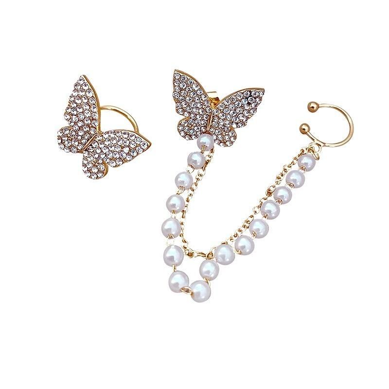 Butterfly pearl ear bone clip earrings all-in-one female super fairy tassel earrings