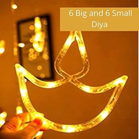 Warm White Diya/Diwali Light Curtain LED String Lights with 12 Hanging Diyas, 8 Flashing Modes, and Prong Base for Decoration