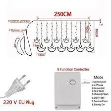 Warm White Diya/Diwali Light Curtain LED String Lights with 12 Hanging Diyas, 8 Flashing Modes, and Prong Base for Decoration