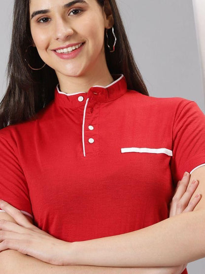 Women's Solid Mandarin Collar Half Sleeve Casual T-Shirt