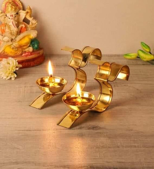 Pack of 2 Decorative Brass Om Diya Oil Puja Lamps for Home, Office, and Mandir Gifts